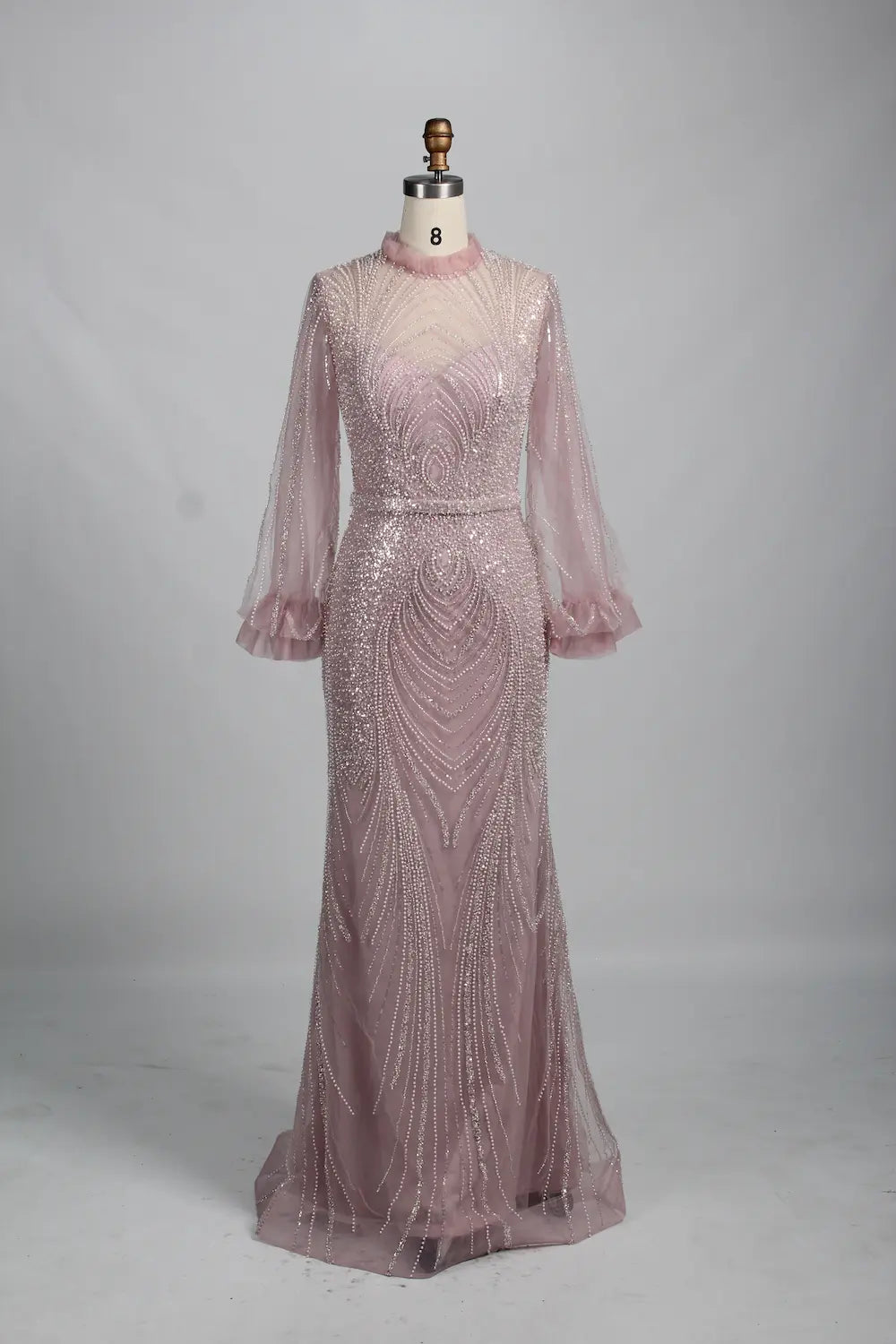 Elegant High-Neck Long Sleeve Beaded Champagne Mother of the Bride Dress KY031B