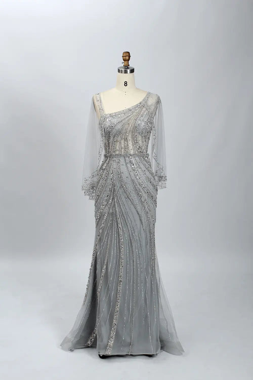 Silver long mermaid mother-of-the-bride dress with draped sleeve and sparkly beadwork