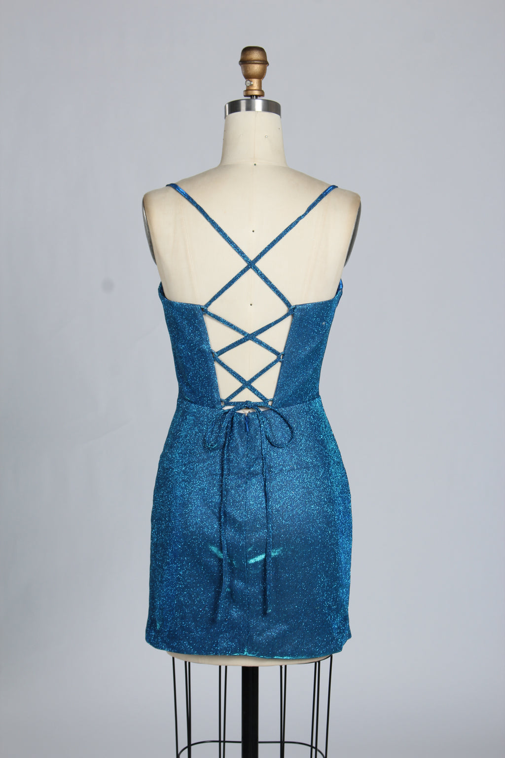 Wholesale Teal Glitter Spaghetti-Strap Ruched Homecoming Dress d-099s