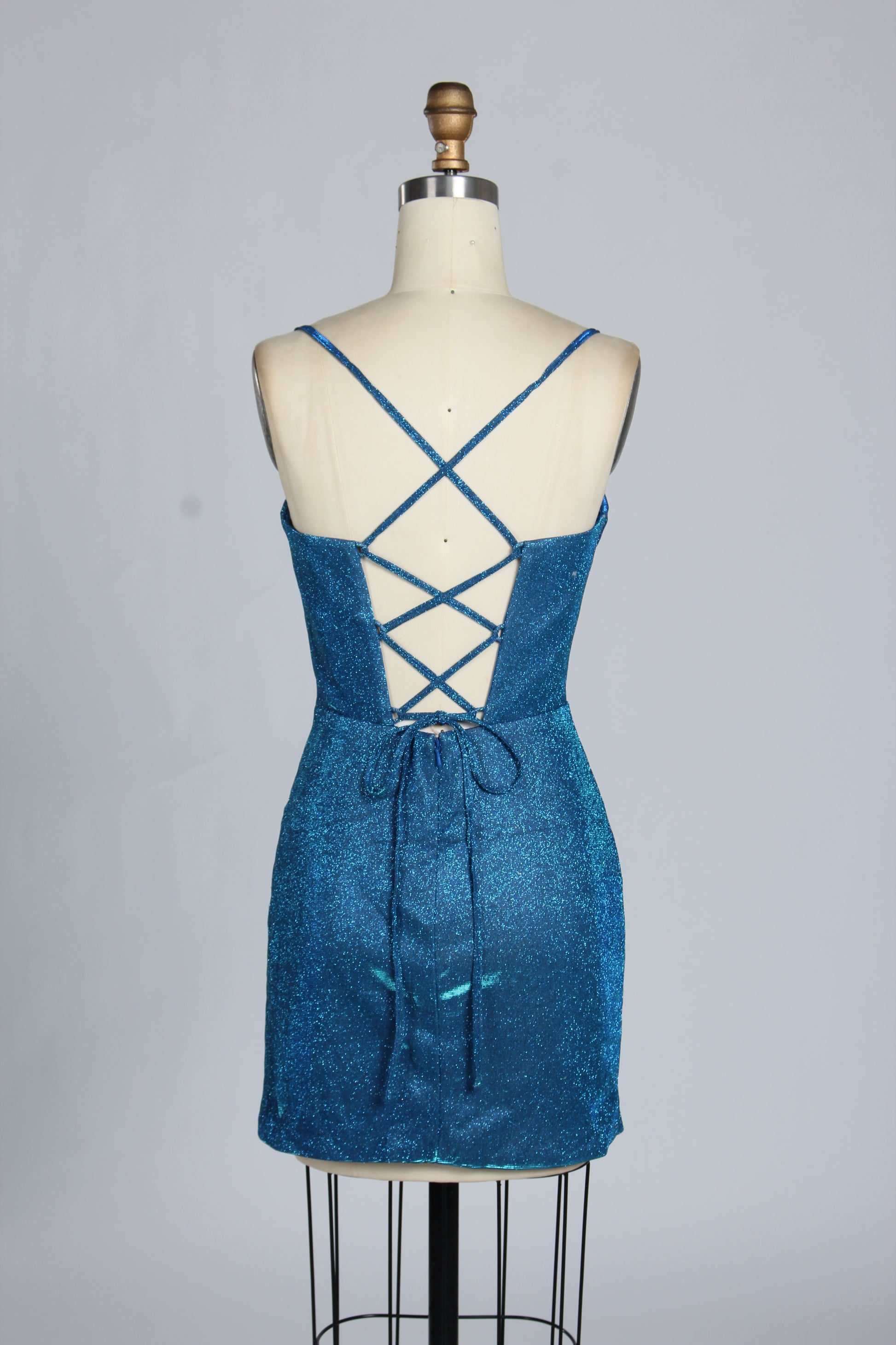 Wholesale Teal Glitter Spaghetti-Strap Ruched Homecoming Dress d-099s