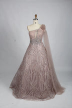 Embellished one-shoulder A-line mother-of-the-bride dress, draped sleeve, rose gold