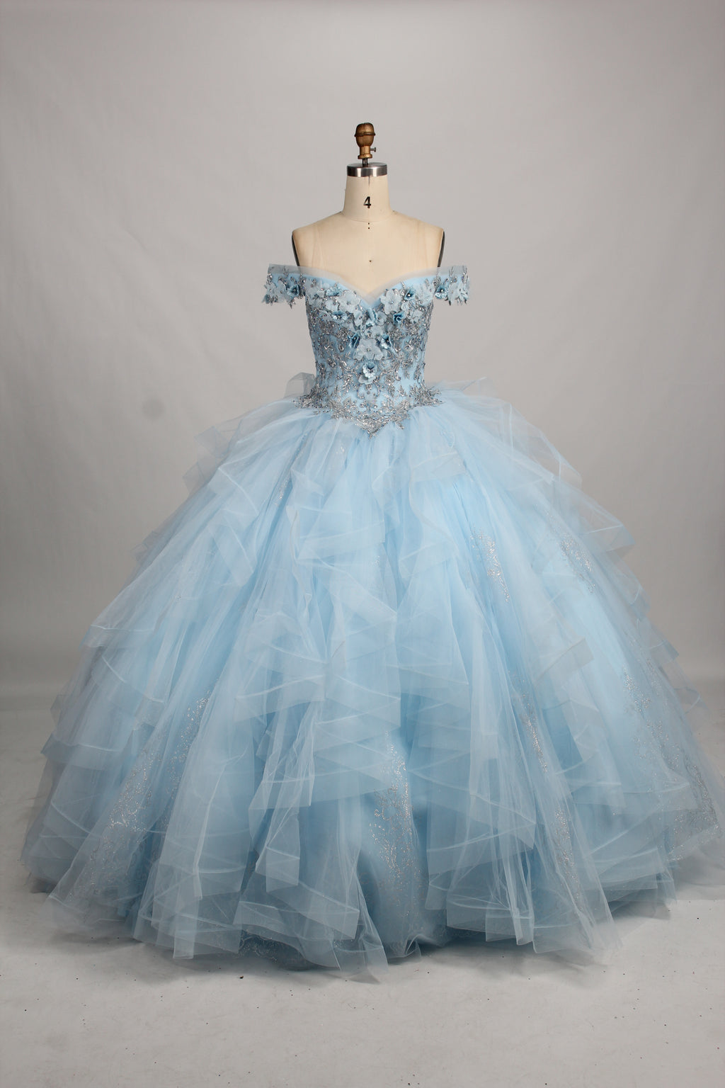 Wholesale Light Blue Off-Shoulder Quinceañera Dress Ruffled Tulle 3D Floral Ball Gown TG001