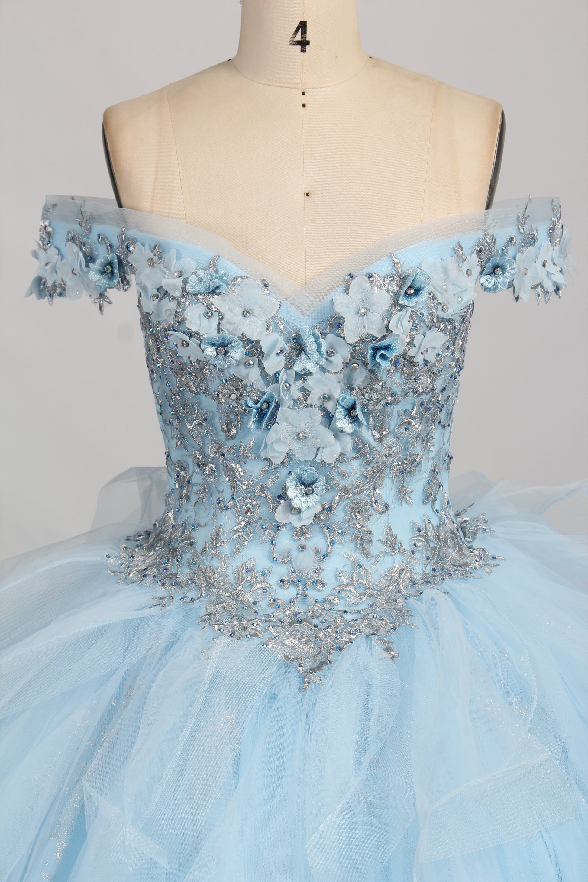 Wholesale Light Blue Off-Shoulder Quinceañera Dress Ruffled Tulle 3D Floral Ball Gown TG001