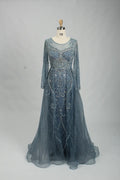 Beaded Long Sleeve Slate Blue A-Line Mother of the Bride Dress MC106