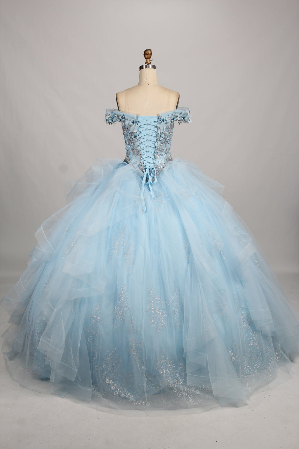 Wholesale Light Blue Off-Shoulder Quinceañera Dress Ruffled Tulle 3D Floral Ball Gown TG001