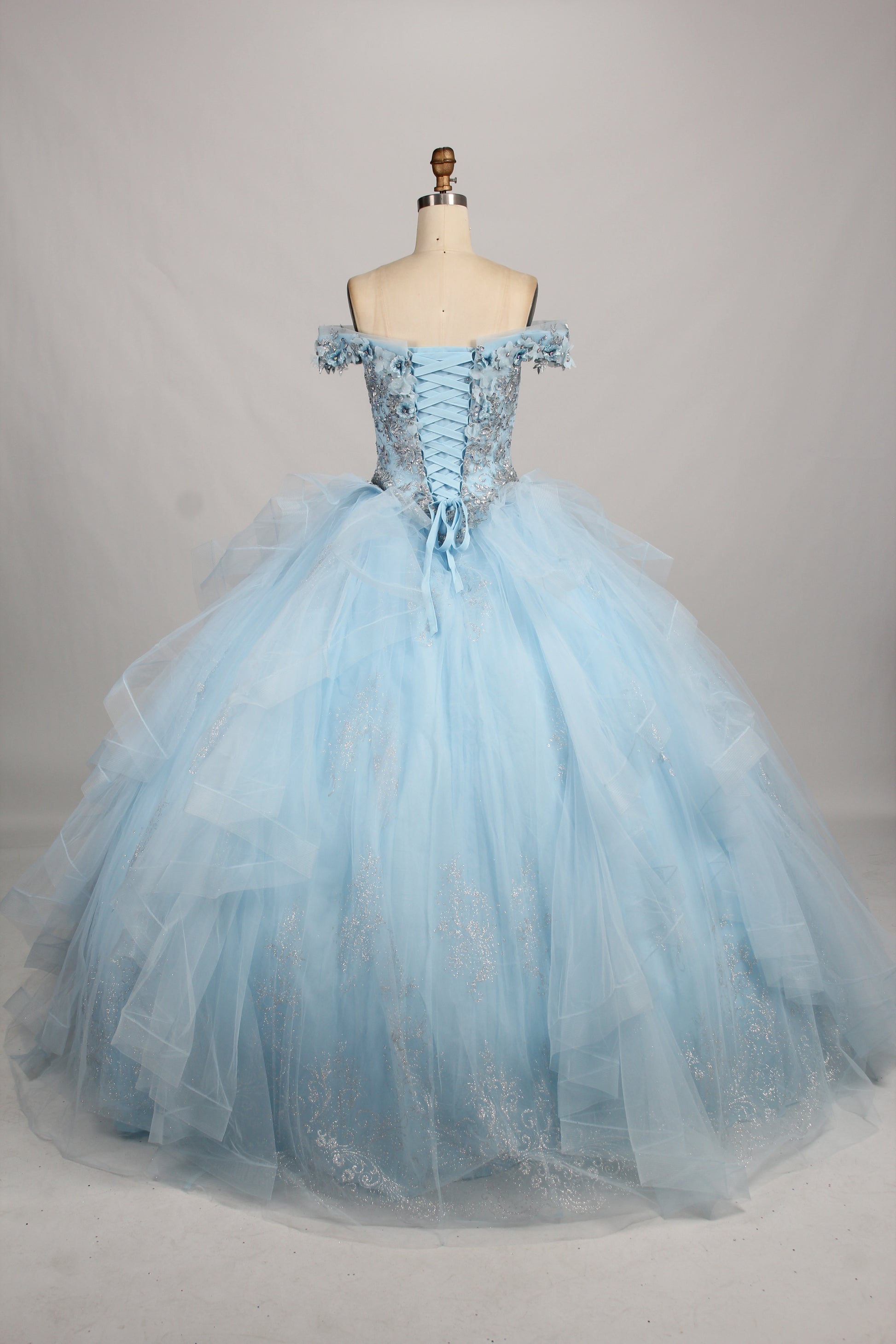 Wholesale Light Blue Off-Shoulder Quinceañera Dress Ruffled Tulle 3D Floral Ball Gown TG001