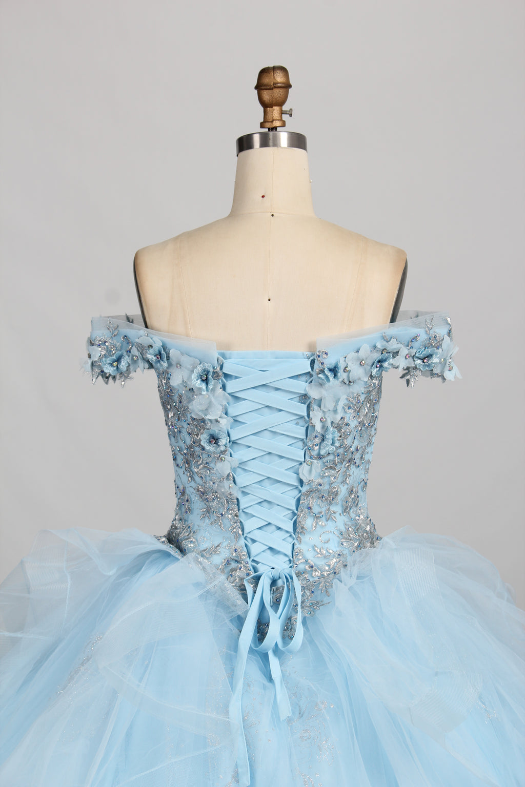 Wholesale Light Blue Off-Shoulder Quinceañera Dress Ruffled Tulle 3D Floral Ball Gown TG001