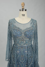 Beaded Long Sleeve Slate Blue A-Line Mother of the Bride Dress MC106