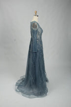 Beaded Long Sleeve Slate Blue A-Line Mother of the Bride Dress MC106