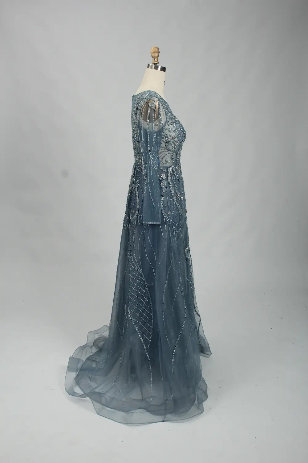 Beaded Long Sleeve Slate Blue A-Line Mother of the Bride Dress MC106