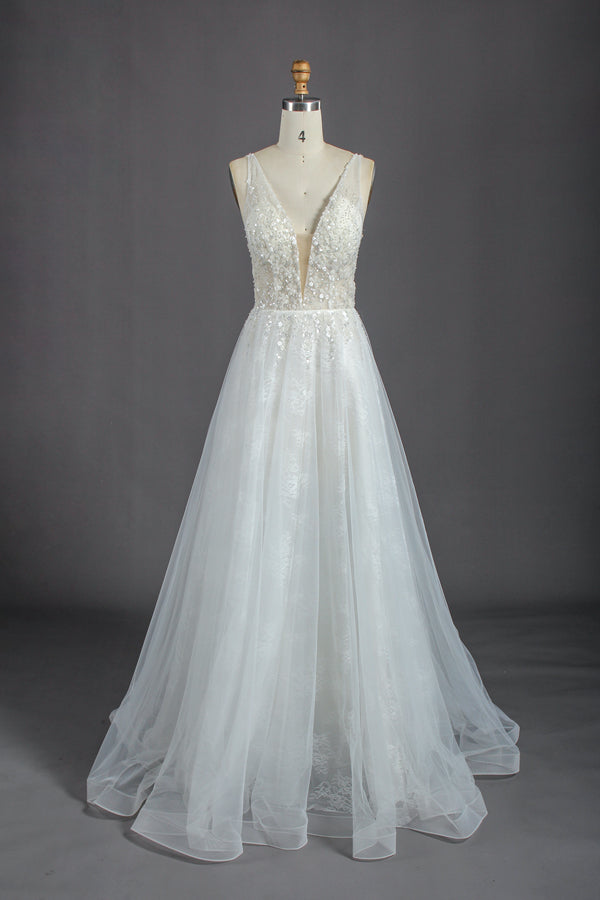 Wholesale Sequin Tulle Wedding Dress – Deep V Neck Gown kt1315