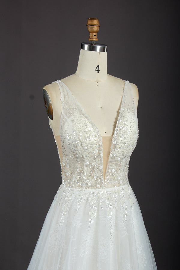 Wholesale Sequin Tulle Wedding Dress – Deep V Neck Gown kt1315