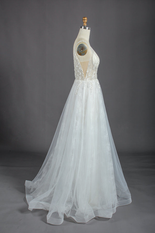Wholesale Sequin Tulle Wedding Dress – Deep V Neck Gown kt1315
