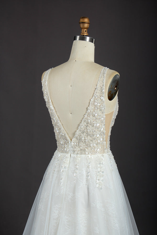 Wholesale Sequin Tulle Wedding Dress – Deep V Neck Gown kt1315