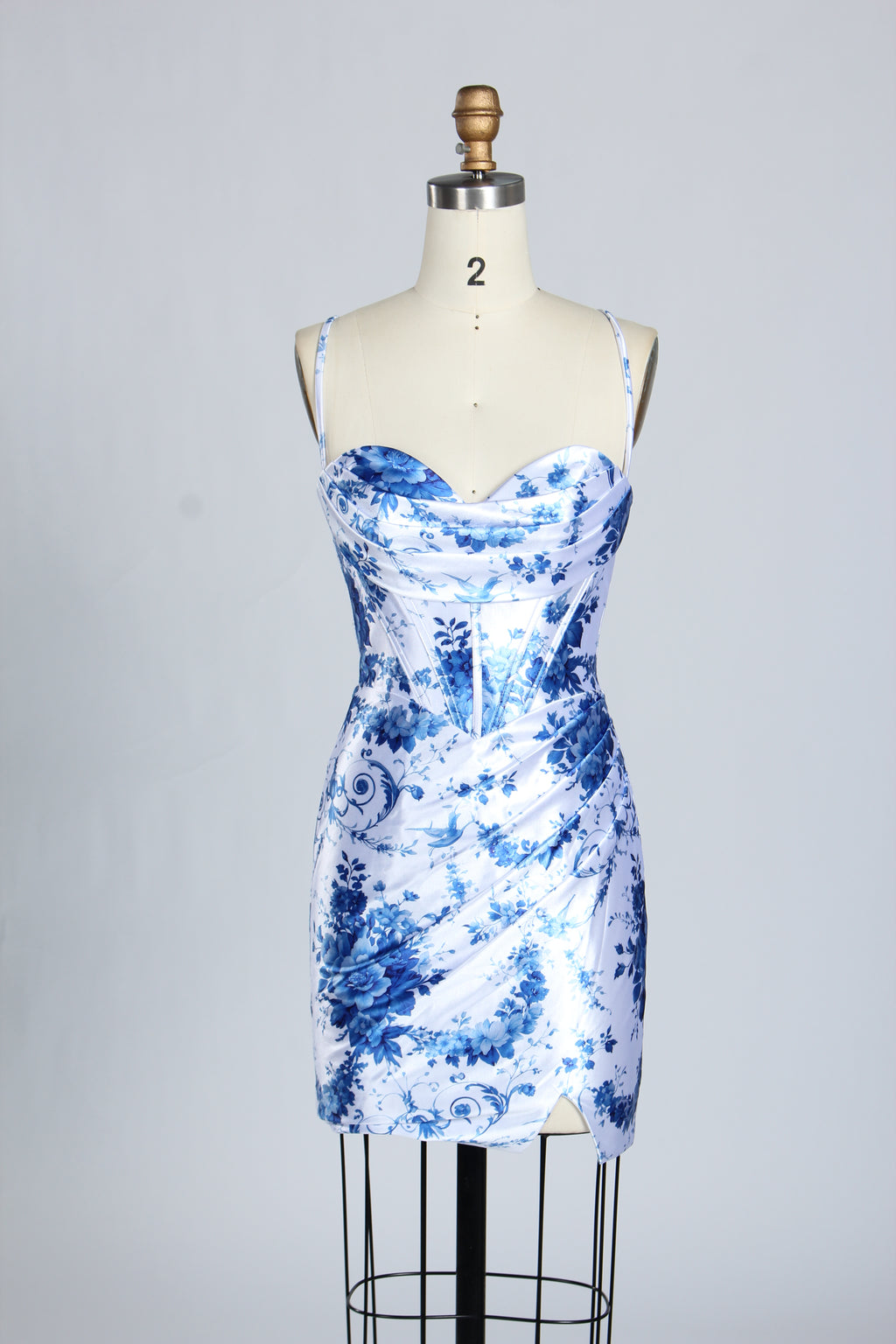 Wholesale Blue-and-White Print Spaghetti-Strap Homecoming Dress 33222s