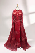Presented on a mannequin is a blue - toned evening gown. It has a high neckline, long sheer sleeves, and intricate floral embroidery. The elegant design gives off a luxurious and sophisticated vibe, ideal for formal occasions.1