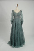 Beaded A-Line Mother of the Bride Dress with Long Bishop Sleeves MK136