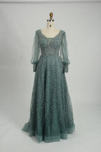 Beaded A-Line Mother of the Bride Dress with Long Bishop Sleeves MK136