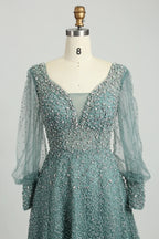 Beaded A-Line Mother of the Bride Dress with Long Bishop Sleeves MK136