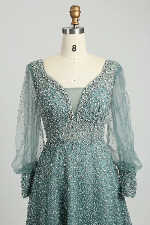Beaded A-Line Mother of the Bride Dress with Long Bishop Sleeves MK136