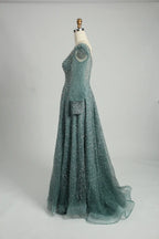 Beaded A-Line Mother of the Bride Dress with Long Bishop Sleeves MK136