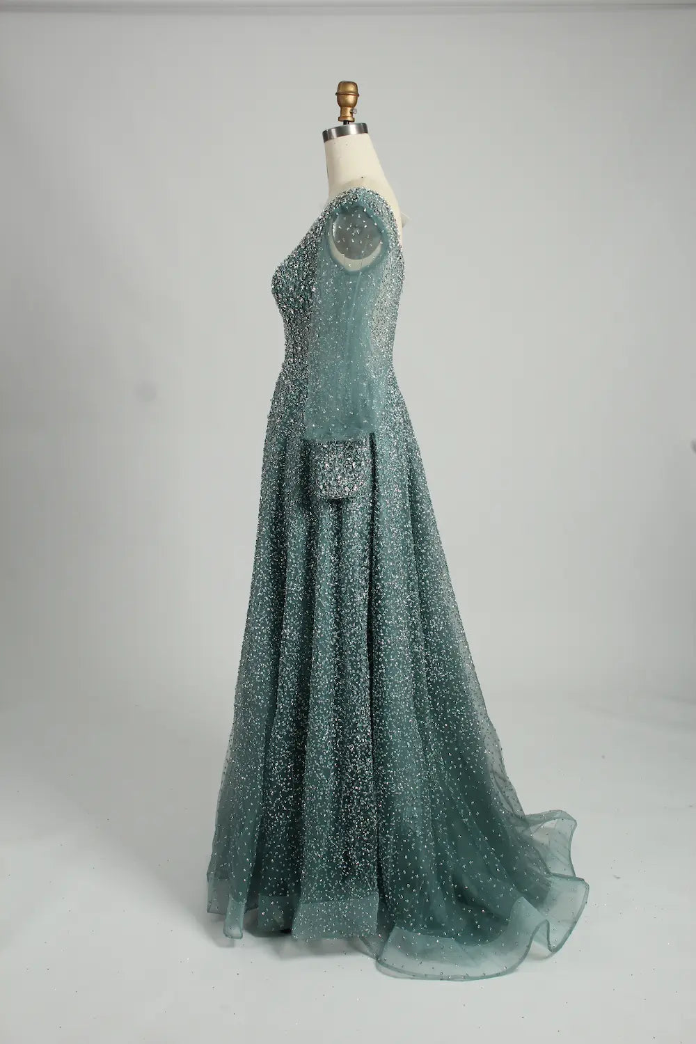 Beaded A-Line Mother of the Bride Dress with Long Bishop Sleeves MK136