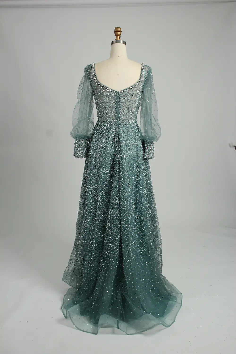 Beaded A-Line Mother of the Bride Dress with Long Bishop Sleeves MK136
