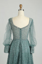 Beaded A-Line Mother of the Bride Dress with Long Bishop Sleeves MK136