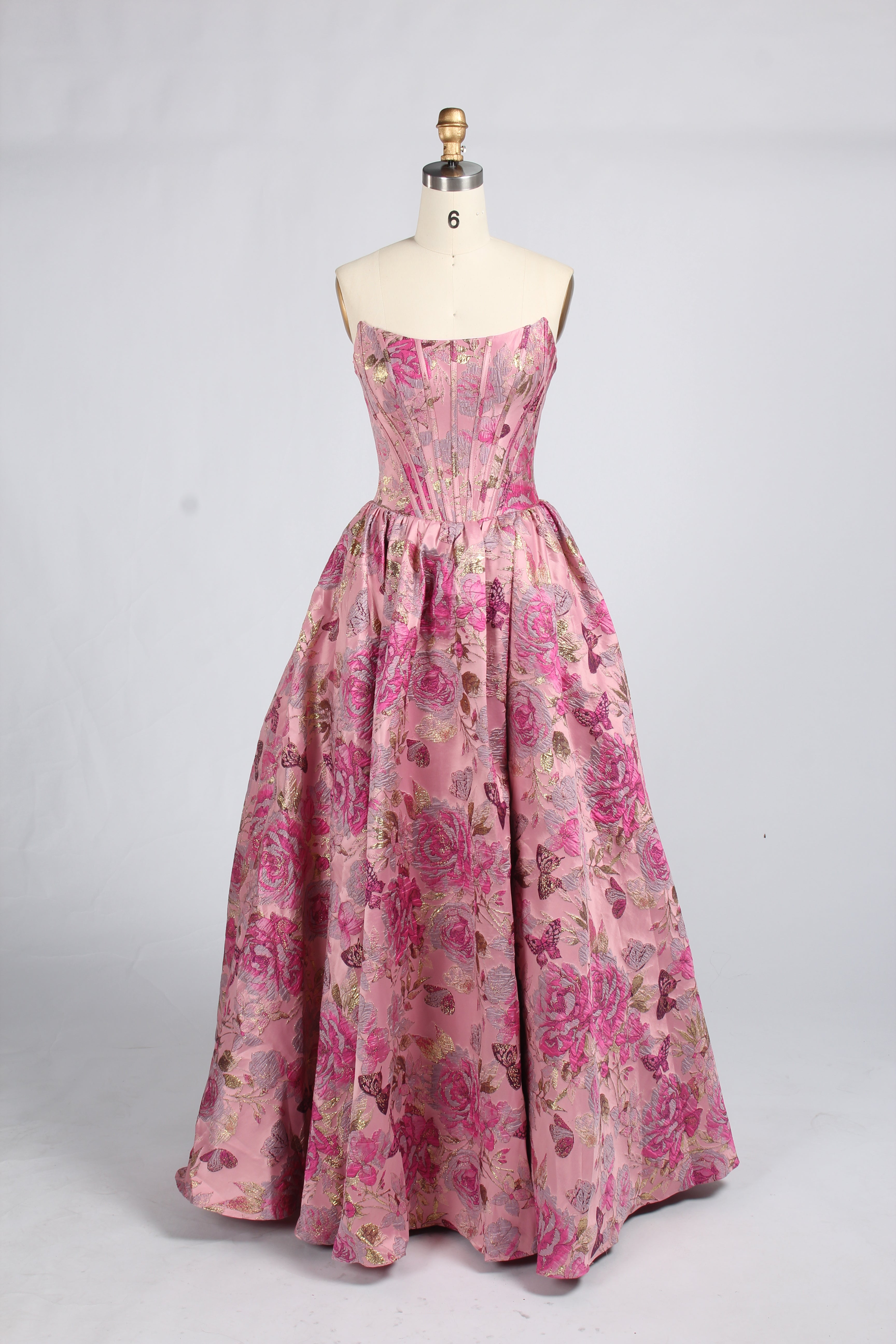 Wholesale Pink Floral Brocade Strapless Prom Ball Gown 33412
