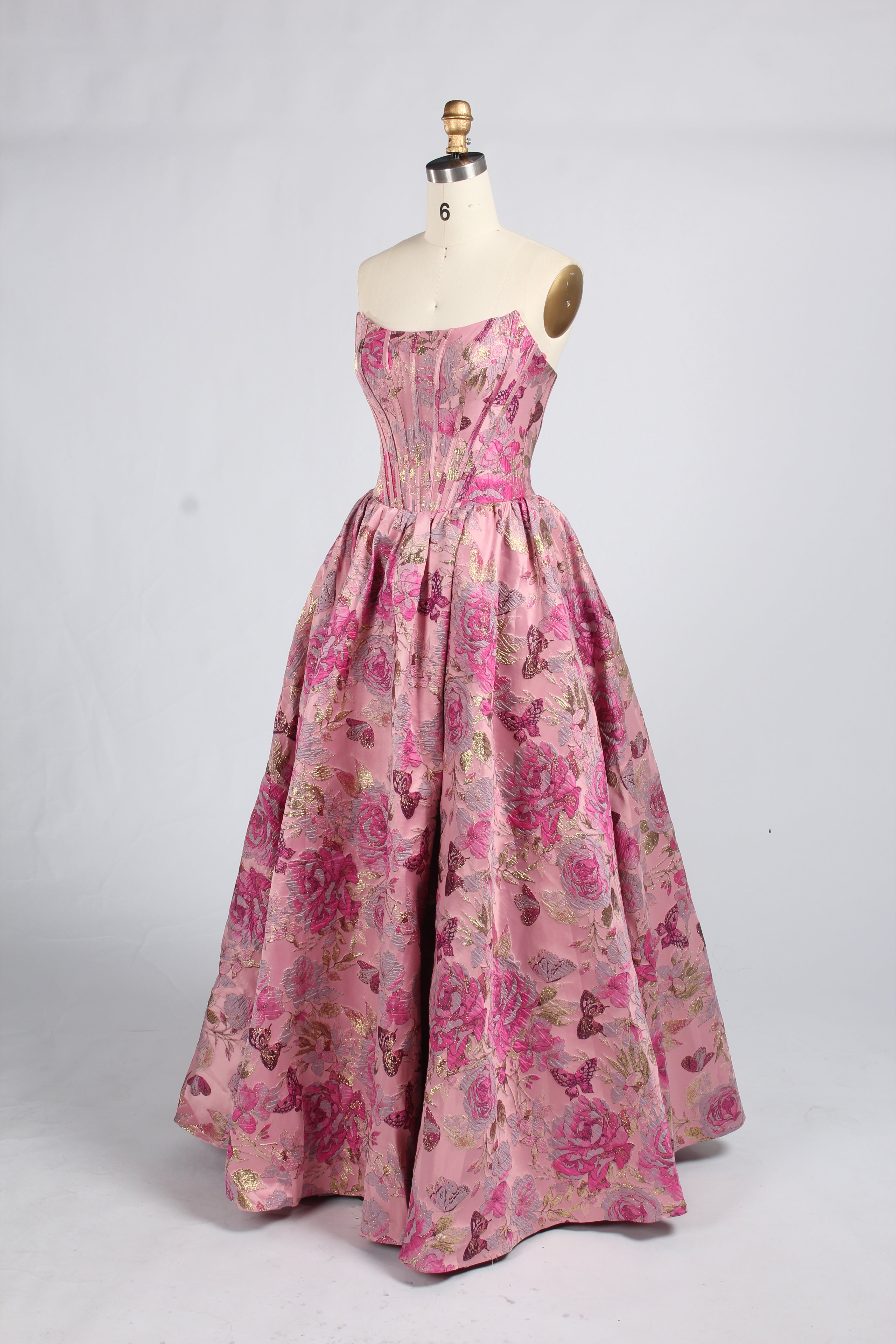 Wholesale Pink Floral Brocade Strapless Prom Ball Gown 33412