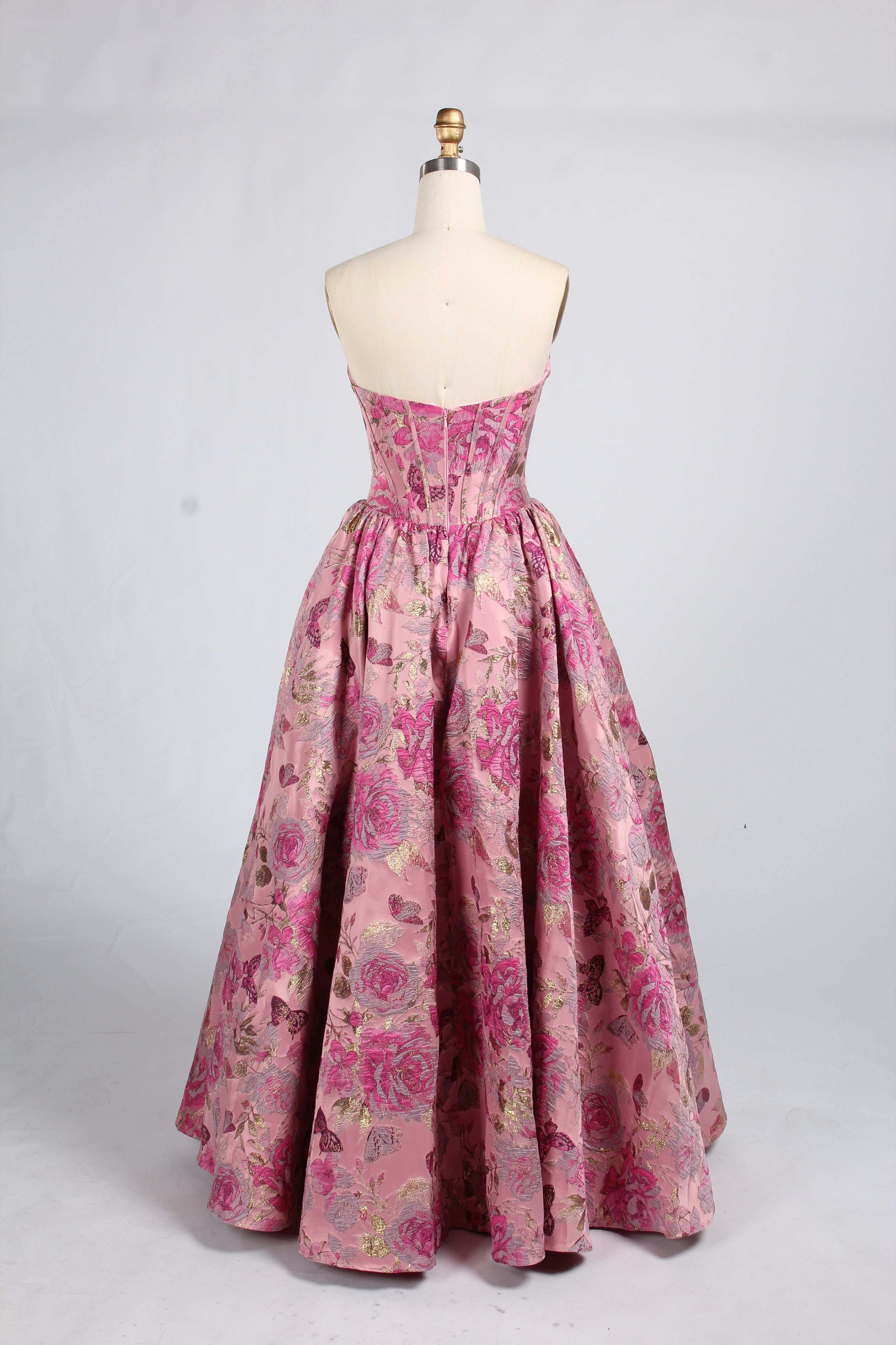 Wholesale Pink Floral Brocade Strapless Prom Ball Gown 33412
