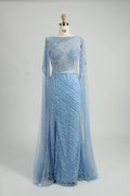 Light Blue Sequin Boat Neck Long Sleeve Mother of the Bride Dress MK126