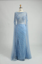 Light Blue Sequin Boat Neck Long Sleeve Mother of the Bride Dress MK126