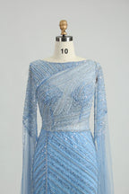 Light Blue Sequin Boat Neck Long Sleeve Mother of the Bride Dress MK126