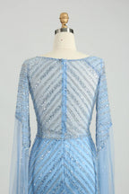 Light Blue Sequin Boat Neck Long Sleeve Mother of the Bride Dress MK126