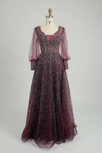 Beaded A-Line Mother of the Bride Dress with Long Bishop Sleeves MK136