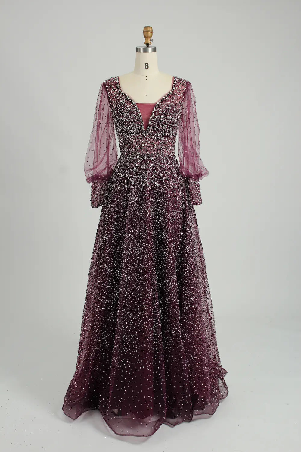 Beaded A-Line Mother of the Bride Dress with Long Bishop Sleeves MK136