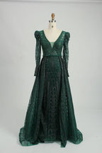 Dark Green Sparkling A-Line Mother of the Bride Dress with Long Sleeves MK093