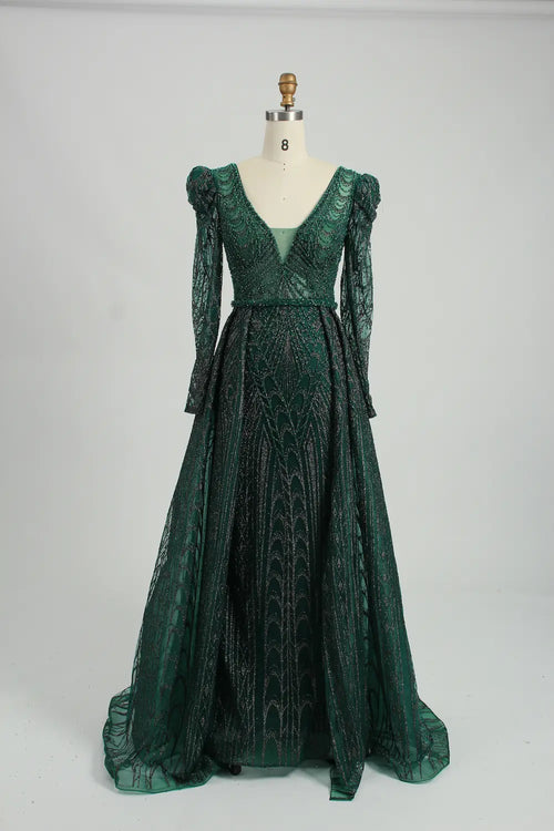 Dark green sparkling A-line mother-of-the-bride dress with long puff sleeves, V-neck