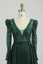 Dark Green Sparkling A-Line Mother of the Bride Dress with Long Sleeves MK093