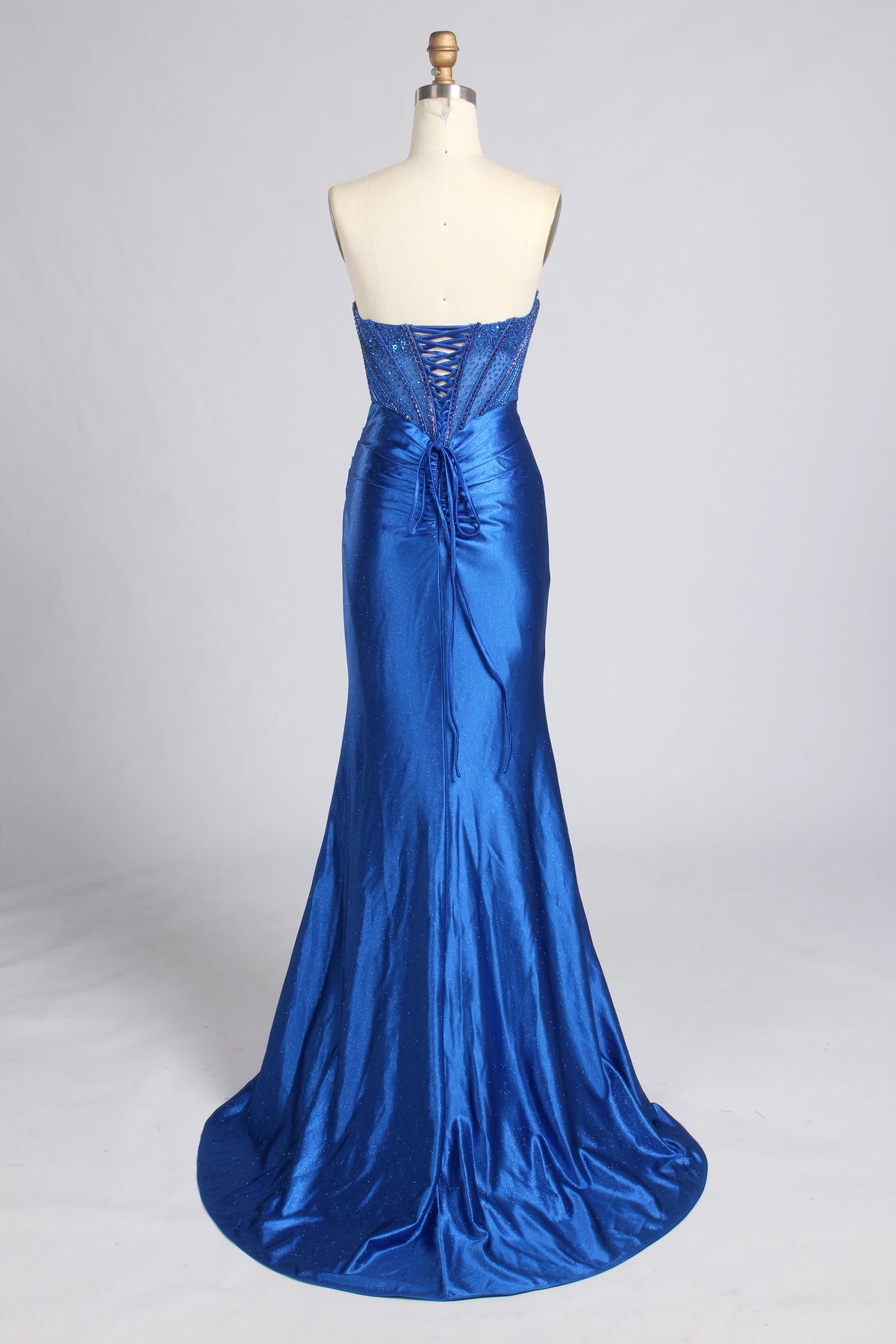Royal blue strapless beaded corset mermaid prom dress with ruched bodice