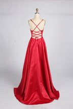 Wholesale Red Spaghetti Strap Beaded Corset Satin Prom Dress 33384