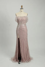 Sequin Off the Shoulder Slate Blue Mother of the Bride or Groom Dress KS034