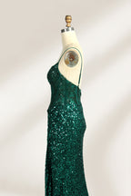 Set against a light background, a mannequin presents a blue gown adorned with sequins. It has thin straps, a deep V - neckline, and a mermaid - shaped skirt with a high side slit. The intricate sequin patterns and sheer bodice with embroidery add glamour, ideal for proms or formal dinners.6