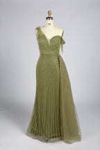 Sage Green One Shoulder Beaded Side Train Mermaid Mother of the Bride Dress MC167