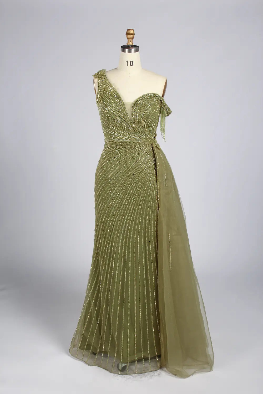 Sage Green One Shoulder Beaded Side Train Mermaid Mother of the Bride Dress MC167