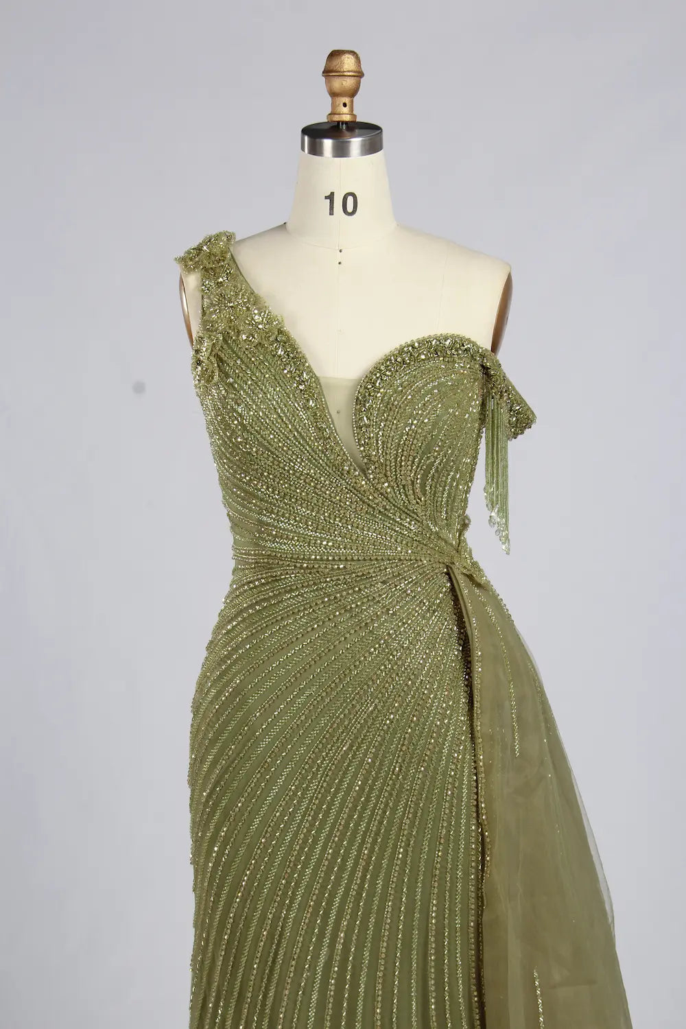Sage Green One Shoulder Beaded Side Train Mermaid Mother of the Bride Dress MC167