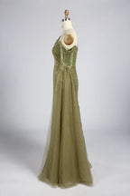 Sage Green One Shoulder Beaded Side Train Mermaid Mother of the Bride Dress MC167