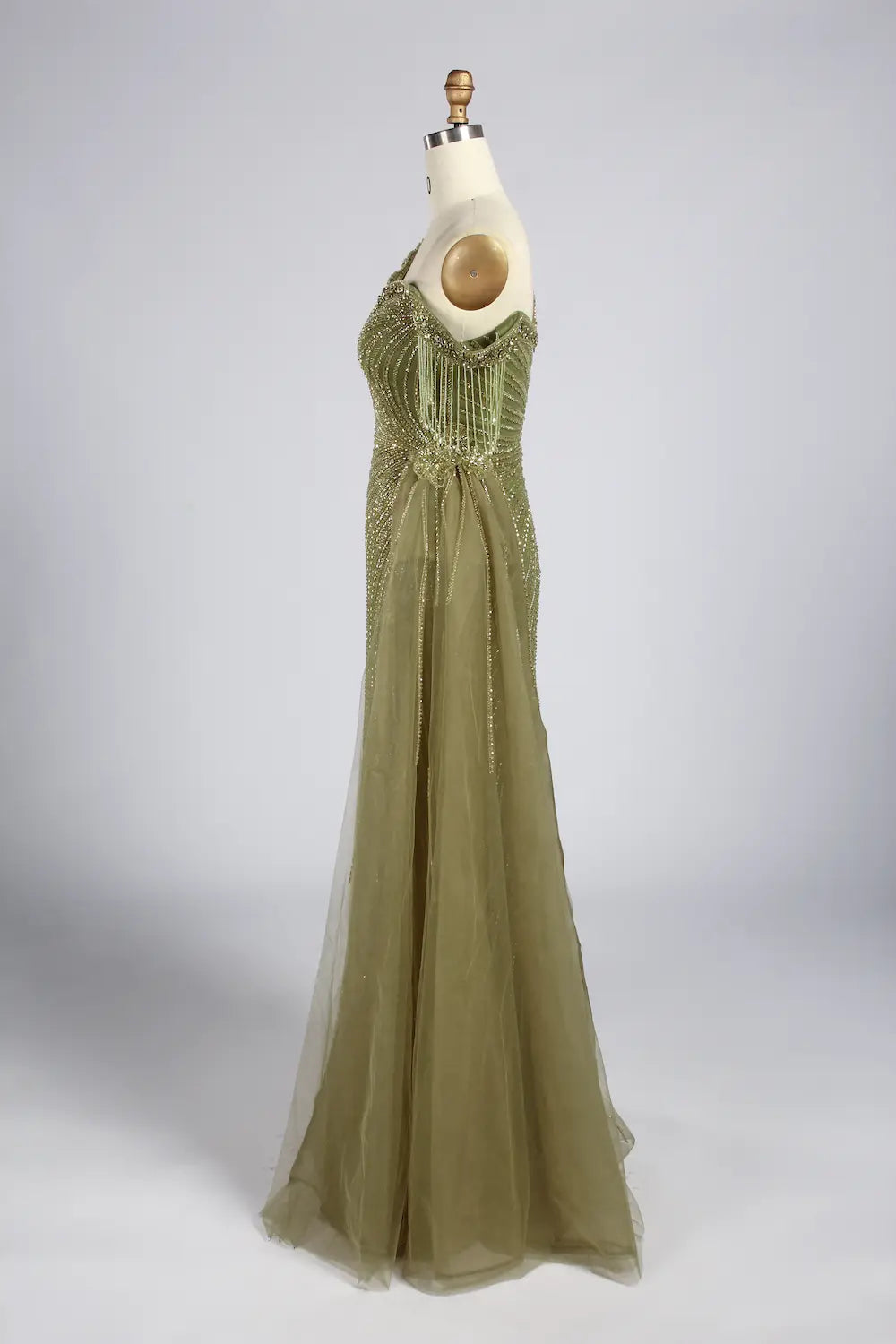 Sage Green One Shoulder Beaded Side Train Mermaid Mother of the Bride Dress MC167