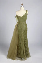 Sage Green One Shoulder Beaded Side Train Mermaid Mother of the Bride Dress MC167